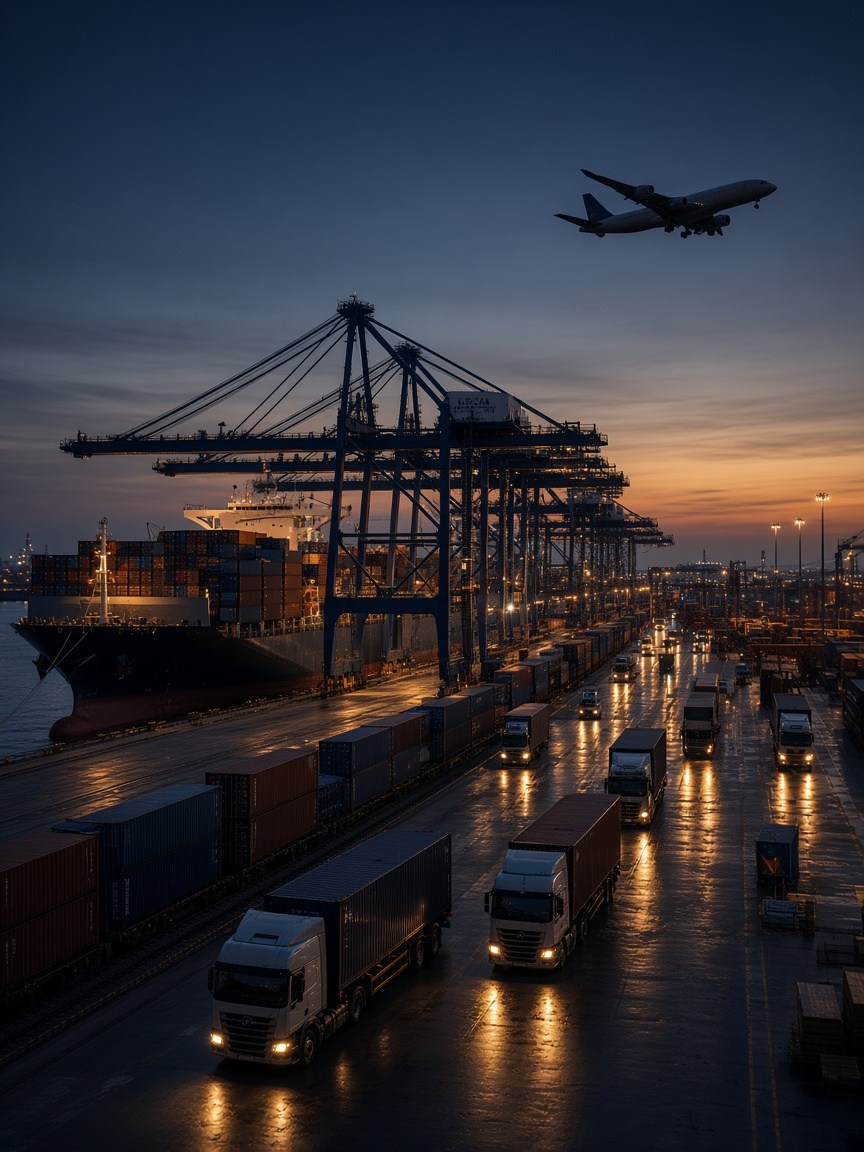 Hub intermodal com navio, camiões e avião ao entardecer